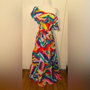 Flying Tomato one shoulder Multicolor colorblock Striped maxi dress medium